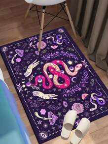 1pc Mysterious Animal Moon & Floral Carpet, Polyester Fiber Rug, Durable & Wear-Resistant, Rectangular Carpet, Multiple Sizes Available, Doormat, Kitchen Mat, Leisure Mat, Easy To Clean, Suitable For Kitchen, Entryway, Laundry Room, Etc. Warm Tip: Slight Color Difference Between Picture And Product May Occur Due To Lighting, Display, And Batch Factors.