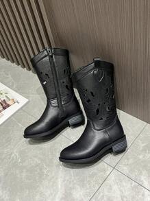 女童镂空刺绣西部牛仔靴，新款时尚中性儿童复古中筒靴，百搭马靴 - 黑色 - 查看 3