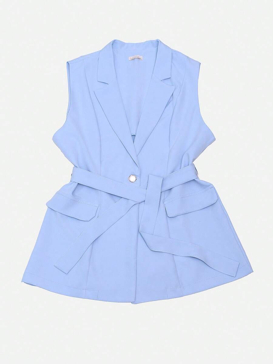 EMODA TAILORED VEST WITH BUTTON AND BELT Elegant #VEST #TAILOREDVEST - Baby Blue - View 1