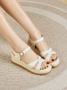 女士夏季新款厚底凉鞋，时尚百搭轻便防滑扣坡跟厚底凉鞋 - 米色 - 查看 3