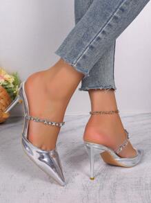 Strap High Heel Dress Shoes, Fashion Pointed Toe Comfortable Versatile - Silver - View 4