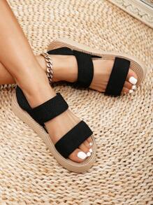 Kate Miuch Women's Four Seasons Simple Fashion Sweet Cool Hot Girl Style Suitable For Party Party Black Ruffles Round Toe Flat Sandals, American City Work Casual Comfortable Slouchy Lightweight Black Ruffles Round Toe Flat Sandals - Black - View 5