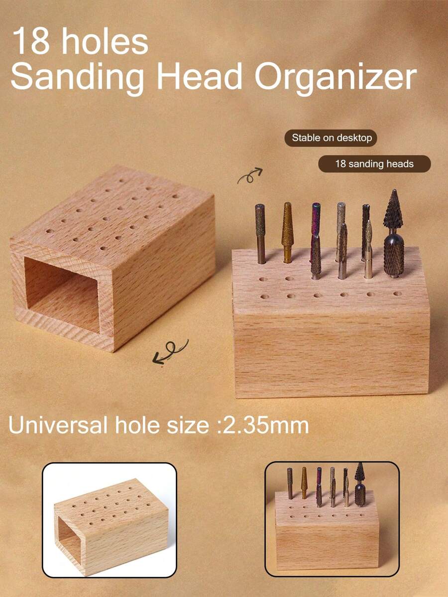 18孔木质美甲钻头收纳盒，沙龙级桌面美甲工具收纳盒 - 杏色 - 查看 1