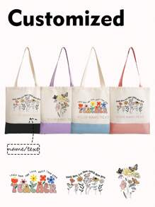 1pc Canvas Patchwork Tote Bag, Customizable Floral Design, Large Capacity, Fashion Minimalist Casual Versatile, Name/Logo Printing, For Shopping, Gift, Foldable, - Multicolor - View 1