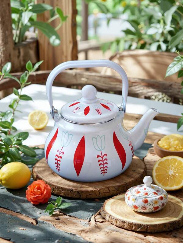 1pc Elegant Enamel Teapot With Lid And Tea Infuser, Colorful Floral Design, Suitable For Coffee, Tea, Milk - Compatible With Electric & Gas Stove - Ideal Kitchen Appliance Gift Set, Gift For Tea Lovers | Floral Enamel Kettle | Durable Enamel
