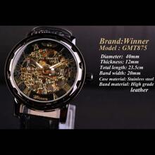 T-WINNER Winner Black Gold Male Clock Men Skeleton Men Watches Top Brand Luxury Leather Wristwatch Men Mechanical Watch
