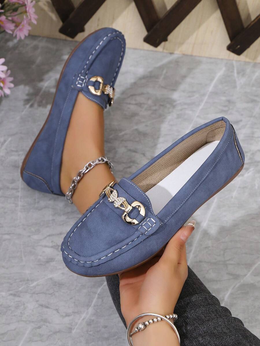 Nuevos mocasines elegantes de mujer con cadena dorada para primavera 2025, ligeros y cómodos, zapatos planos de goma versátiles - Azul Marino - Ver 1