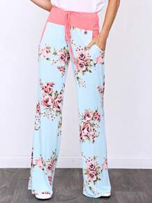 Floral Drawstring Fold Over Band Wide Leg Lounge Pants - 淺藍色 - 查看 3