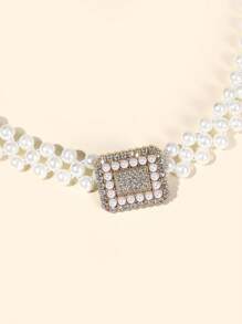 New Fashion Girls White Crystal Flower/Square Buckle Decoration Elastic Waist Dress With Pearl Waist Chain, Elegant & Stylish - Square Buckle - View 6