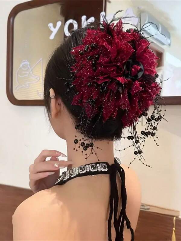 1 Peça Presilha de Cabelo Grande com Floral Elegante e Borla para Mulheres, Versátil para Uso Casual Diário, Não Danifica o Cabelo, Adequado para Feriados e Apresentações em Palco