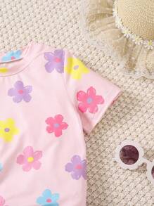 2 قطعة/طقم قميص بأكمام قصيرة ذو رقبة طاقم واشورت بطبعة زهور عادية للبنات الصغيرات، مناسب للصيف