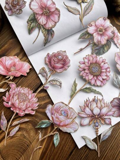 15pcs/Pack Vintage Thick 3D Paper Flower Branch Stickers, Floral Print Decoration For Journal Scrapbooking,School Supplies,Back To School