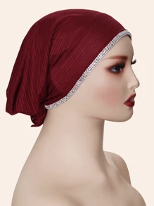 1pc Women's Elastic Striped Hijab Scarf, Muslim Headscarf With Fashionable Chain & Rhinestone Decor, Versatile For Daily Wear, Casual & Elegant - Burgundy - View 2