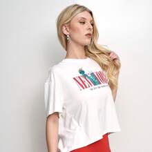 Playera corte oversized con tramado en costados y gráfico new york en rojo - New york - Ver 4