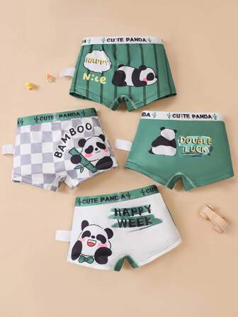 4 件/包男童舒适透气卡通熊猫印花三角裤，男孩礼物