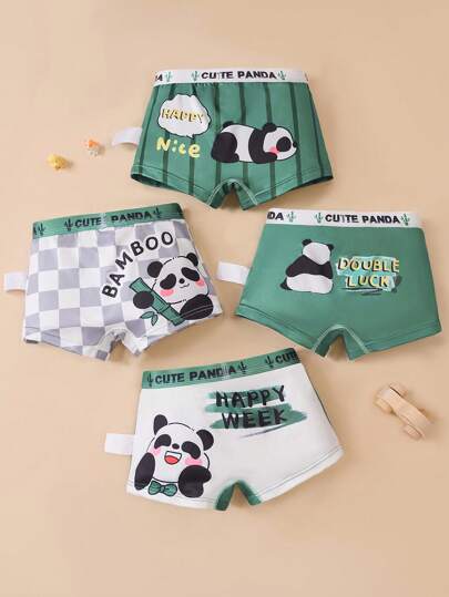 4 件/包男童舒适透气卡通熊猫印花三角裤，男孩礼物
