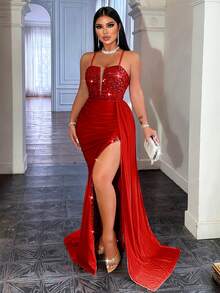 优雅亮片拼接高开衩吊带派对连衣裙，适合休闲婚礼和春季穿着 - 紅色 - 查看 7