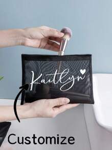Personalized Name Black Makeup Bag Bridal Shower Bachelorette Party Bride Future Wife Wedding Engagement Bridesmaid Bridesmaid Bride Groom Mother Gift Makeup Bag, Mesh Bag, Mesh Beauty Bag, Must-Have For Postmen, Must-Have For Back To School, Suitable For Travel, Vacation, Wedding, College, Mother's Day Gift