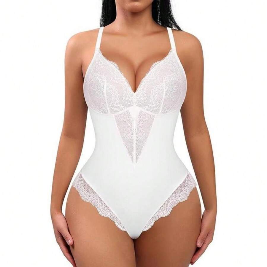 FeelinGirl Sexy Lace Bodysuit Shapewear For Women Thong Adjustable Seamless Underwear Womenswear  Nylon Tops1 Valentine's Day Gift - 半蕾絲白色 - 查看 1