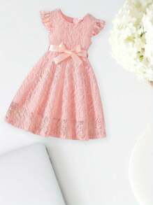 Kids Girls Dress Lace Fly Sleeve Round Neck Casual Dress Toddler Fashion Summer Dress With Belt - 粉色 - 查看 3