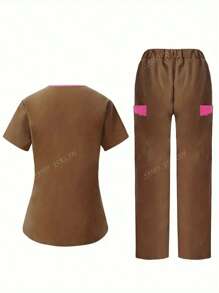 2 pièces Ensemble uniforme pantalon et Top à manches courtes avec couleurs contrastantes pour femmes