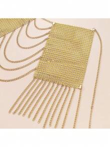 1pc Metal Chain Hollow Tassel Pendant Necklace,Fashion Exaggerated Elegant Women Shirt Chain - Gold - View 3