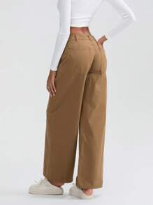 Women Cuffed Jeans Solid Color High Waist Straight Wide Leg Denim Pants With Pockets - Khaki - View 7