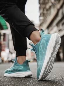 Zapatillas deportivas con suela gruesa y amortiguación, estilo casual de uso diario con bloques de color, rayas, malla transpirable y cordones delanteros, para primavera/verano