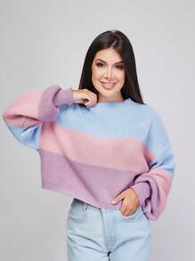 Striped Off-The-Shoulder Blouse Princess Sleeve Knit Warm Winter Fashion Blogger New2023 - Baby Blue - View 3
