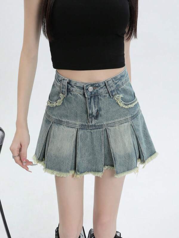 YEAE | YKK Retro Blue High Waist Pleated A-Line Skirt
