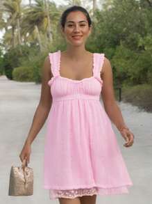 Women Summer Sleeveless Dress Floral Embroidery Loose Party A-Line Dress For Beach Club Streetwear - Hồng - Xem 3