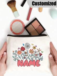 [Custom Made] Polyester Flower Design Cosmetic Bag For Women - Waterproof, Large Capacity,Personalized Name,Unscented, Portable Zip Makeup Pouch, Travel Essential, Gift For Flower Lovers - Exclusive Gift - Multicolor - View 4