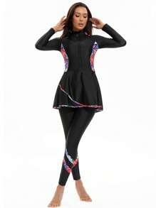 2pcs Set Women Sporty Letter Print Long Sleeve Top And Long Skirt/Pants, Sophisticated, High Stretch, Slimming, Modest, Suitable For Spring/Summer, Beach, Pool Party, Surfing, UPF Protection, Quick Dry