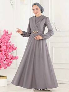 Women's Elegant Long Sleeve Round Neck Bishop Sleeve Arabic Style Dress With Wrap Detail And Zipper Spring - Grey - View 6