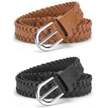 1/2/3 Pcs Women's Braided Faux Leather Finger Loop Buckle Waist Belt, Gold & Silver Belt Buckle, For S/Skirts, Black & Beige Belt Set Summer, School Fall, Autumn, Halloween - Multicolor - View 25