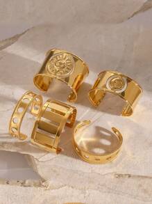 5pcs 18K Gold Plated Stainless Steel Exaggerated Thick Gold Bangle Bracelets, Bohemian Style Gifts For Women, Gold Bracelets, Women's Jewelry, Ins Style, Delicate Gifts