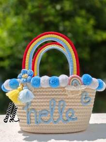 (Customized) 1pc Handmade Personalized Colorful Pom Pom, Floral "Popcorn" Style Sweet Rainbow Crochet Beach Tote Bag, Great For Vacations - Multicolor - View 3
