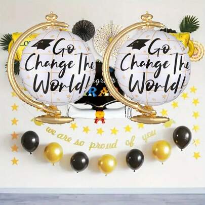 2pcs Globe Shaped Foil Balloon For 2025 Graduation Ceremony Decor, Graduation Party Decoration And Photography Props