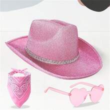 Cowgirl Hat Set, Shiny Cowboy Hat with Heart Sunglasses Neckerchief Photo Booth Props - Rosa - Ver 2