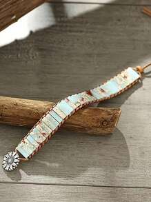 Bohemian Style Square Stone Beaded Multi-layer Braided Pu Leather Bracelet For Women - 1 - View 2