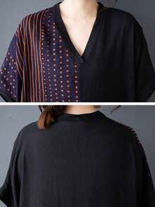 上衣，波西米亚风休闲度假连衣裙，女士优雅度假连衣裙，2025夏季女士大码V领短袖拼色宽松条纹连衣裙大口袋