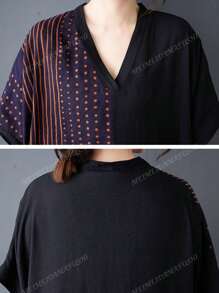 Bluse, Abito casual stile boho per vacanze, Abito elegante da donna per vacanze, Vestito estivo 2025 a righe, scollo a V, maniche corte, largo, con grandi tasche, adatto a taglie forti per donne