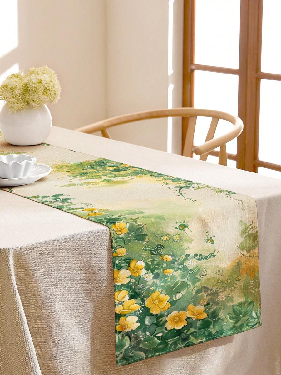 1pc Watercolor Style Yellow & White Flower, Floral Plant, Leaf Pattern Rectangular Double-Sided Printed Table Runner, Suitable For Daily Dining Room, Kitchen, Tabletop Decor, Cabinet Cover, Indoor/Outdoor Party, Gift For Family