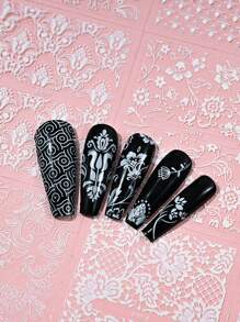 30 Sheets European Style Flower Embossed 3D Nail Art Stickers & Decals(White),Self-Adhesive White Lace Foral Vine Relief Design Nail Art Stickers,Asymmetrical Geometric Shapes Glitter Embellishment,Spring And Summer Flower Nail Art Decorations For Women And Girls