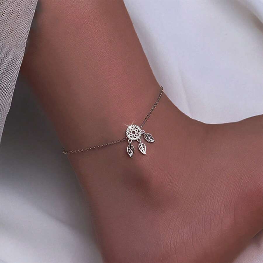 925 Silver Zirconia Leaf Tassel Anklet, Elegant & Minimalist Design For Women Summer Jewelry - Silver - View 1