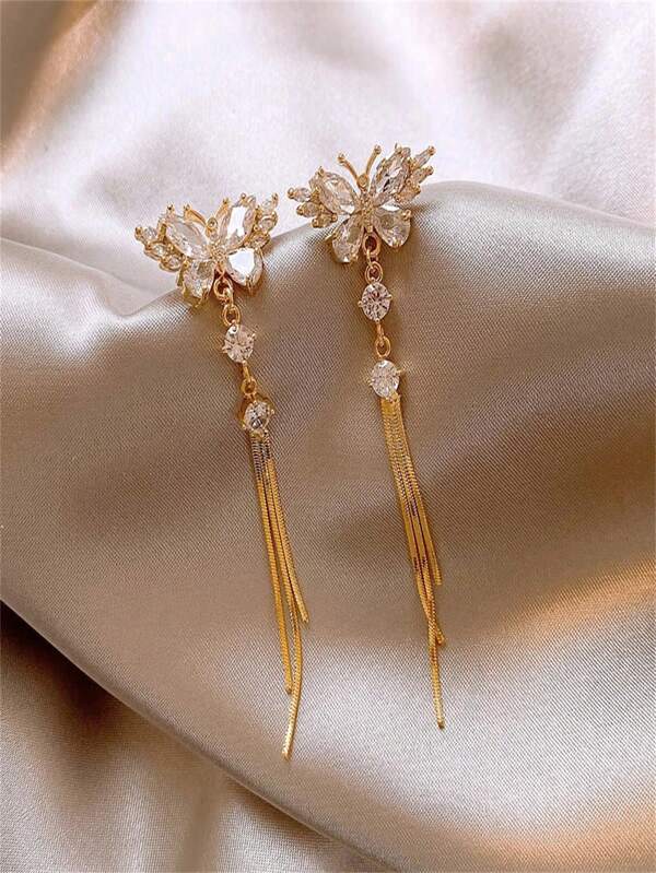 1 Pair Gold-Color Full Paved Rhinestone Butterfly & Tassel Drop Earrings