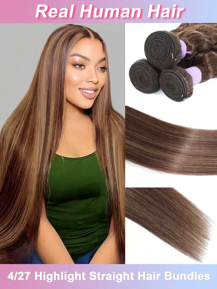 Honey Blonde Highlight 4/27 Human Hair Bundles Brazilian Straight Hair Bundles Human Hair 32inch Virgin Hair Weave Bundles Ombre Wavy 4/27 Colored For Women Human Hair - Chocolate Brown - View 1