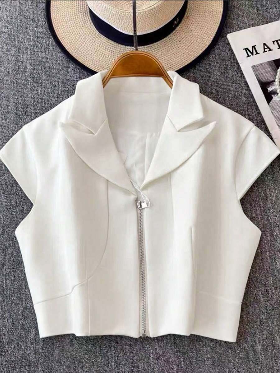 Chaleco con cierre de cremallera y cuello en primavera/verano, top casual de manga corta - Blanco - Ver 1