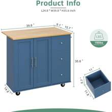 Rolling Kitchen Island Cart - Folding Drop Leaf Breakfast Bar - Includes Storage Cabinet, Shelf, And Drawer - White Finish - Perfect For Kitchens Or Dining Areas - Durable And Functional - Ideal For Small Spaces - Combines Style And Practicality For A Modern Home Upgrade. - Blue - View 2