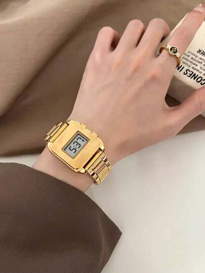 ساعة يد نسائية إلكترونية ذهبية عتيقة بتصميم أنيق وشخصي مربعة الشكل